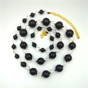 Joan Rivers Beaded Necklace Black And Clear Plastic Beads 36" Long Signed